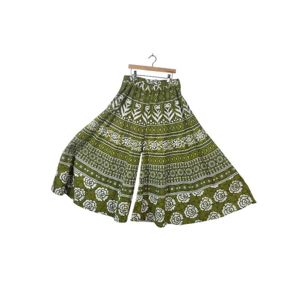 Ulta Wide Palazzo‎ Pants Womens OS Green Floral Boho Ethnic Gypsy Cotton Flowy
